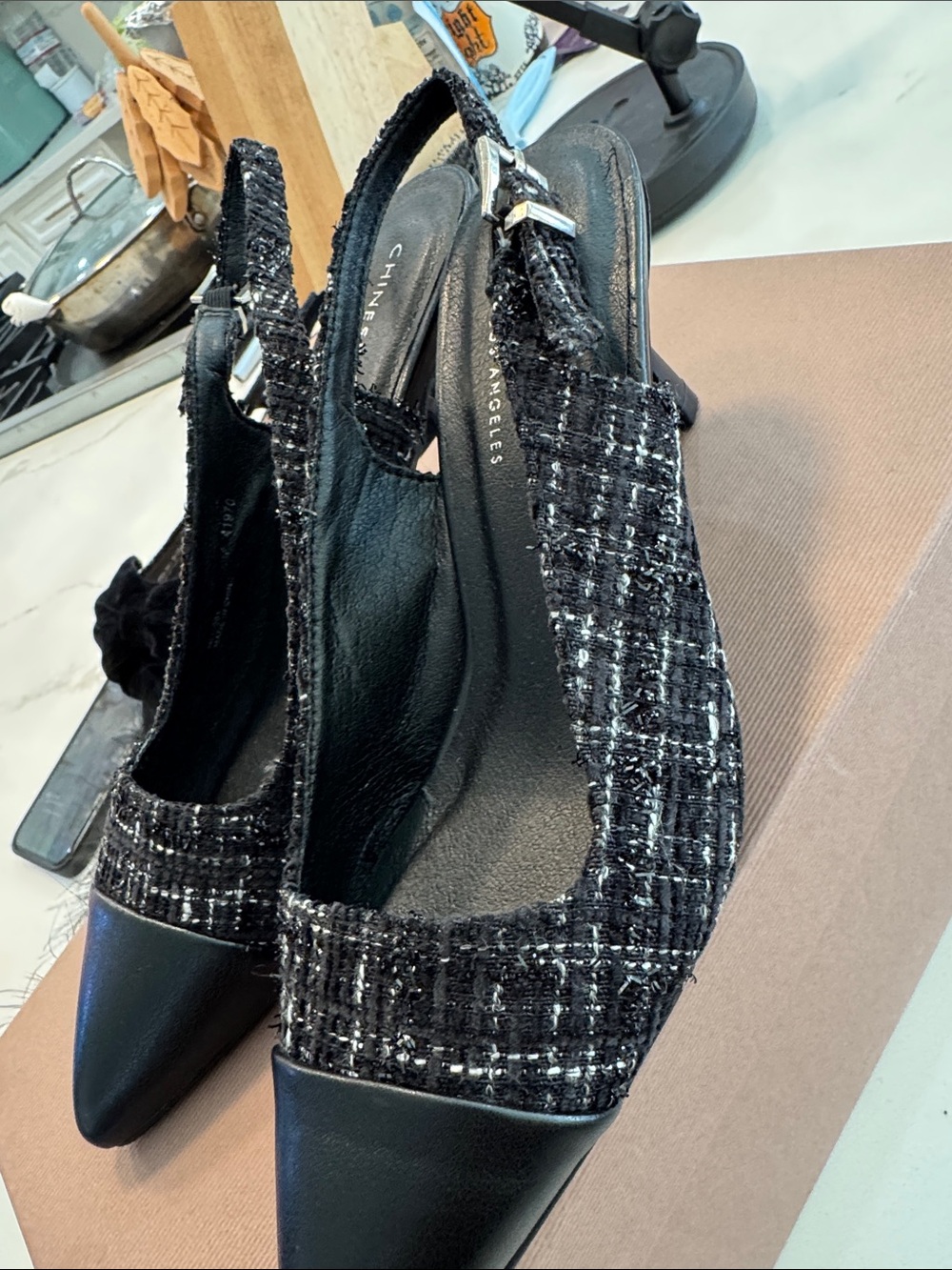 Chinese Laundry Black Tweed Pointed Slingback Pumps
